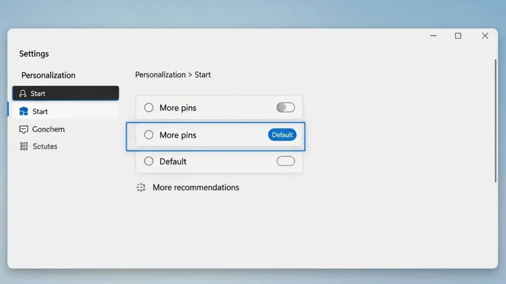 Windows 11の設定画面でスタートメニューのレイアウトを選択する様子