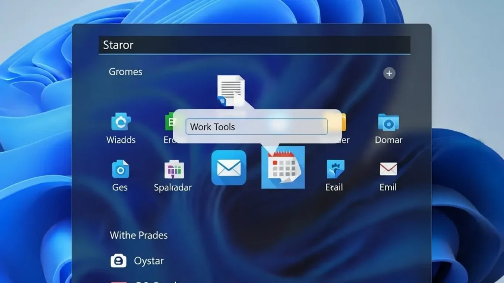 スタートメニューでアプリをドラッグしてグループ（フォルダ）を作成する操作