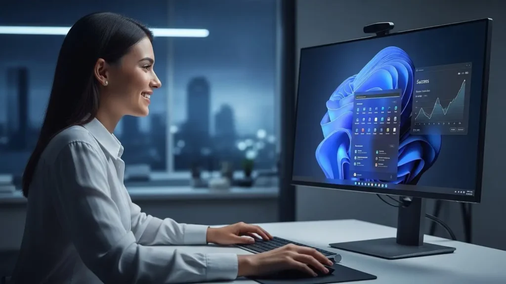 Windows 12への移行を完了し快適にPCを操作するユーザー