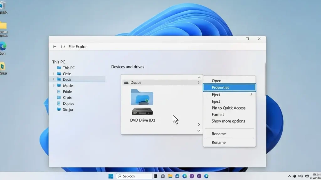 WindowsのエクスプローラーでDVDドライブのプロパティを選択する画面