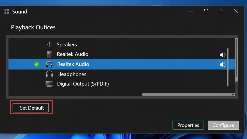 Windows 11のサウンドコントロールパネルにある再生デバイス一覧画面