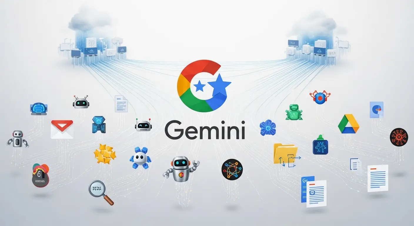 GoogleのGeminiと連携して自律的に業務を行うAIエージェントのイメージ図