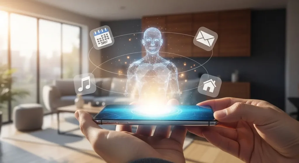 スマートフォンから飛び出すAIエージェントのアバターと、自律的に整理されるタスクのイメージ。