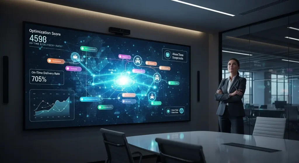 AIエージェントがサプライチェーンを自動調整する様子を監視する戦略会議室