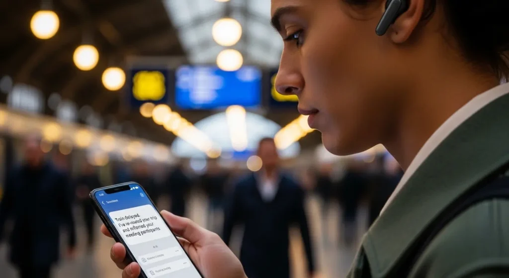 電車の遅延を検知し、ルート変更と会議相手への連絡を自動で行うAIエージェントの通知画面。