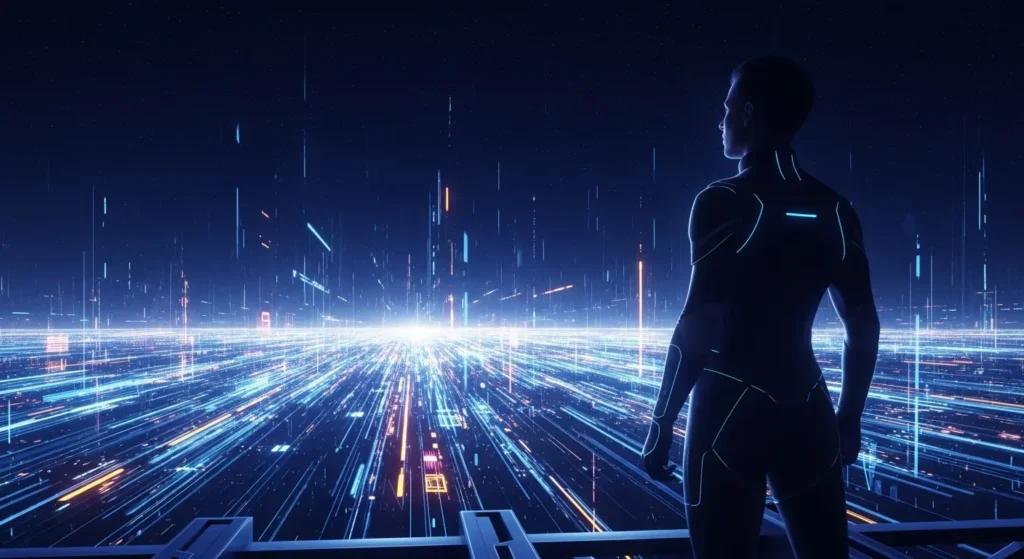 AIと共に歩む未来の地平線を見つめるビジネスパーソン