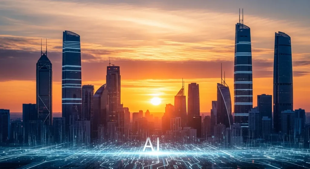 AIがもたらすビジネスの新しい夜明けを象徴する都市の朝焼け