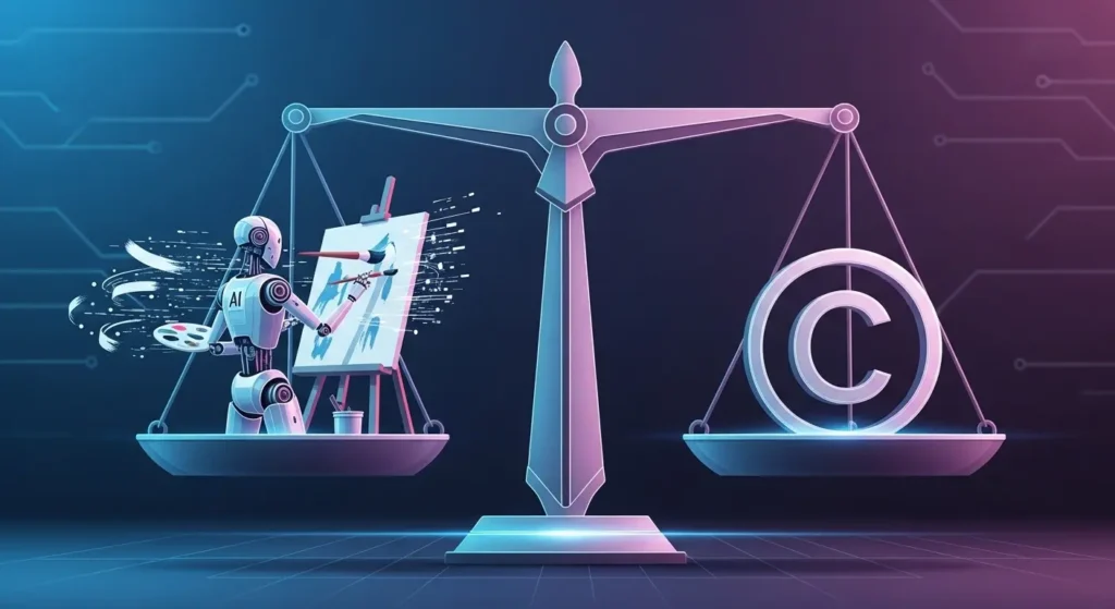 AI生成物と著作権のバランス、法的遵守を示すイメージ図