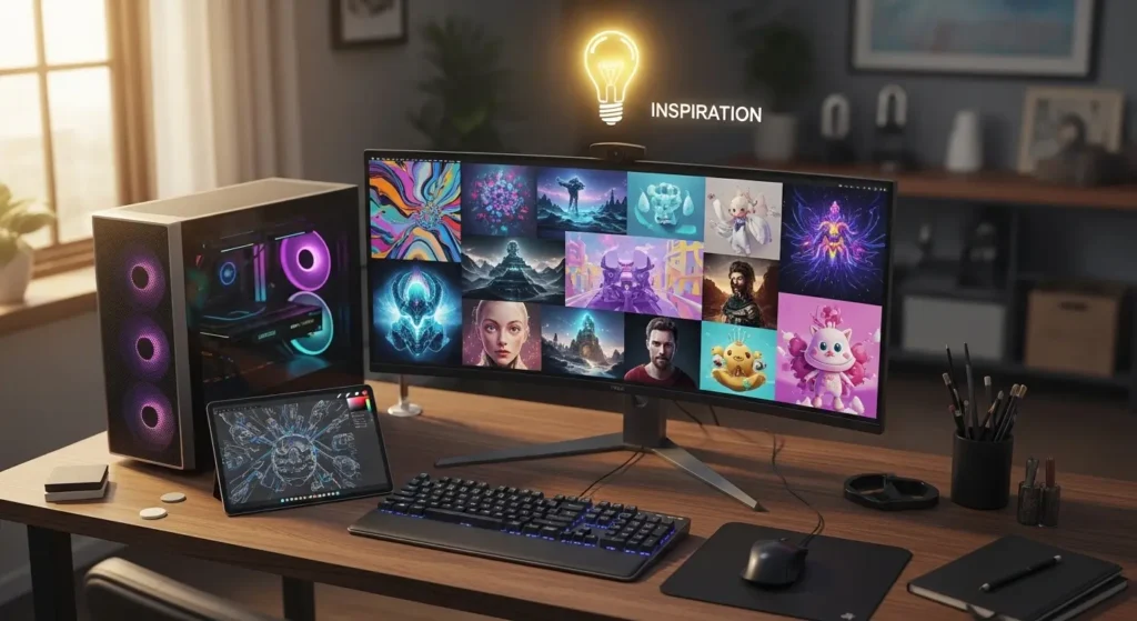 ハイエンドPCとタブレットが並ぶデスクでAI生成アートのコラージュを表示するモニターと電球アイコン