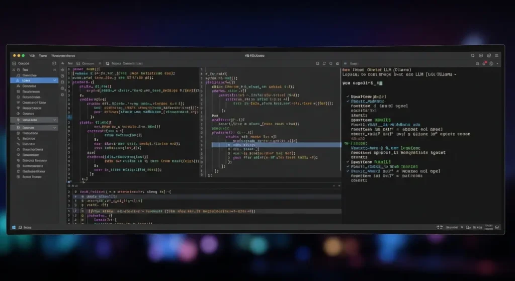 コードエディタとAIモデルの実行画面が表示されたPCモニター