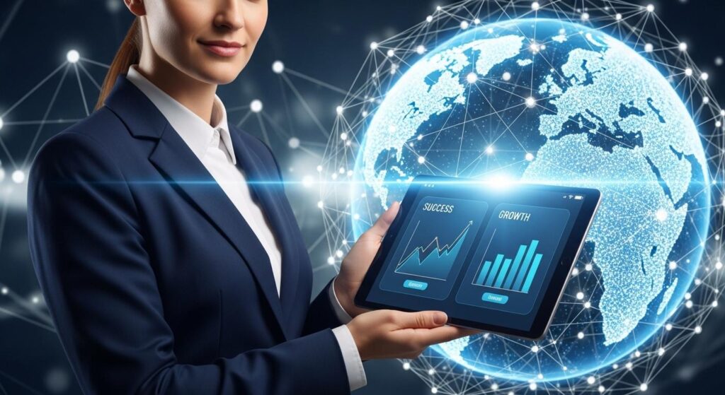 タブレットで成功と成長のチャートを確認するビジネスパーソンと背景のグローバルネットワーク