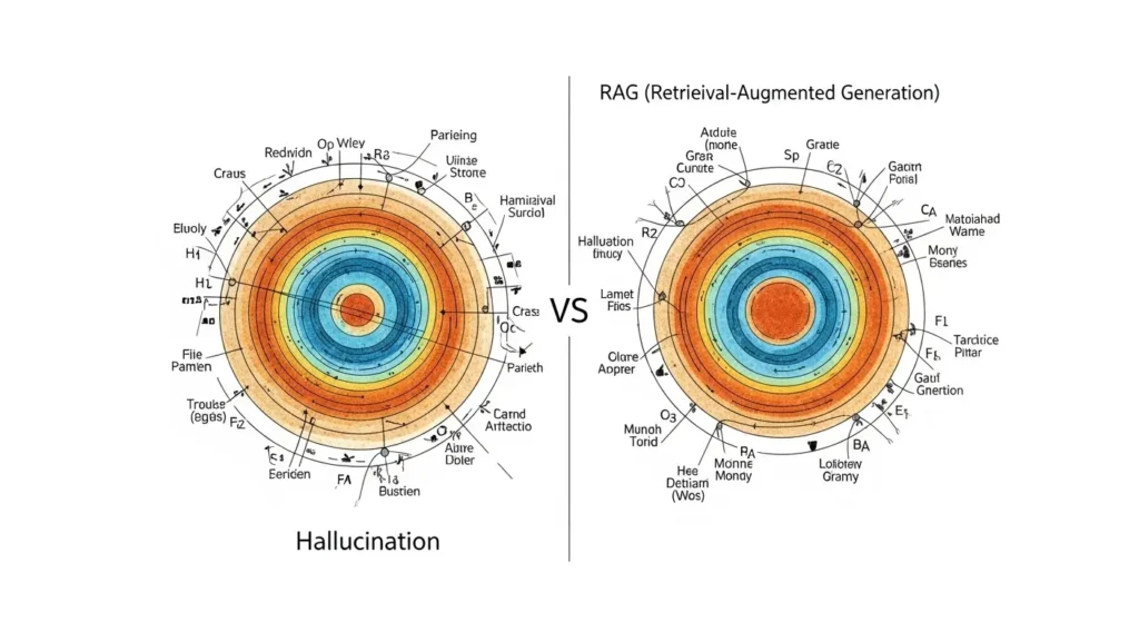 AIのハルシネーション(幻覚)とRAG(検索拡張生成)の仕組み解説図