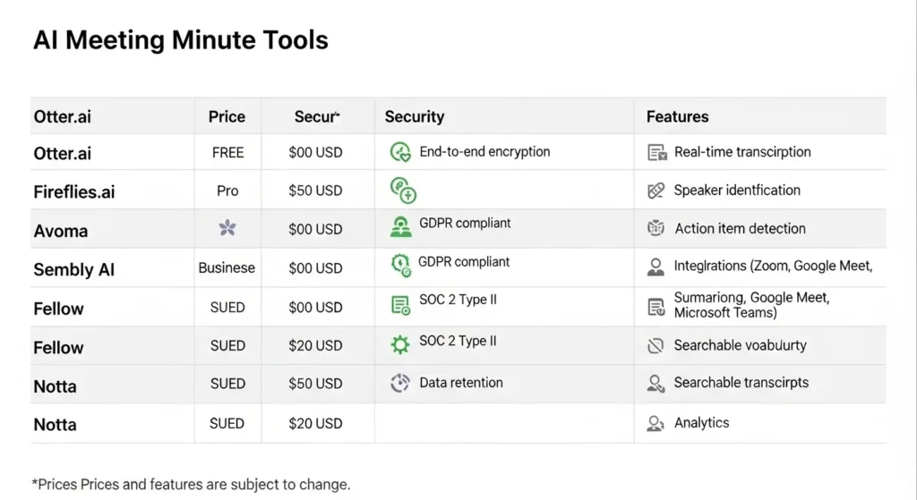 主要なAI議事録ツールの機能・費用比較表