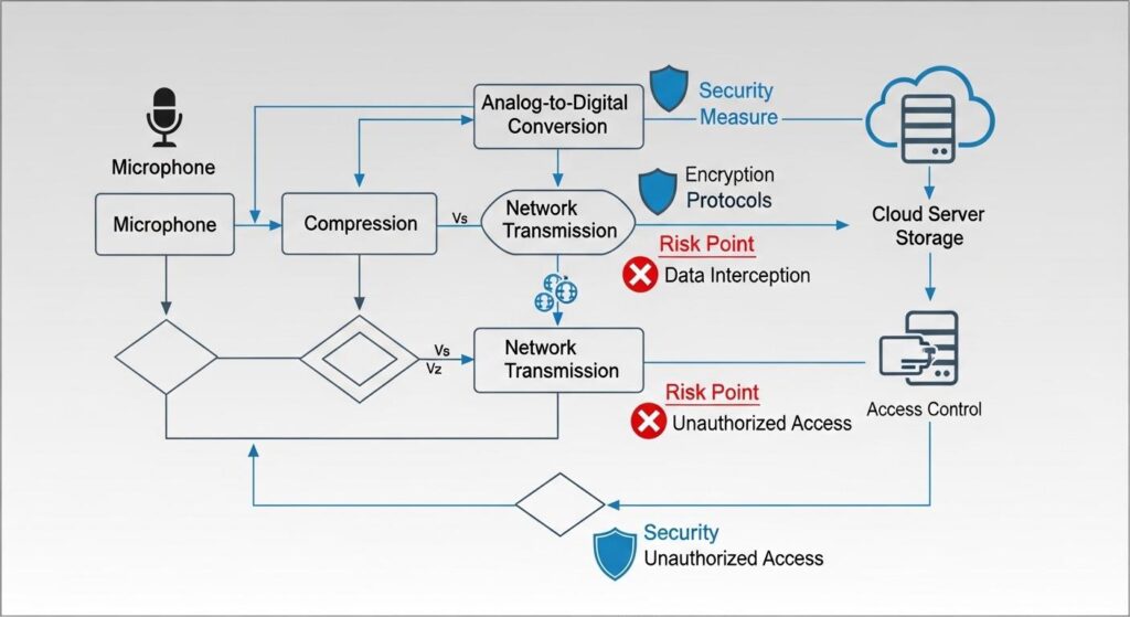 AI議事録ツールのデータ送信プロセスと潜在的なセキュリティリスクの図解