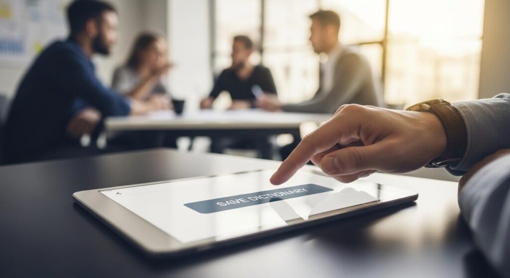 タブレットで議事録AIの辞書設定を完了させる様子