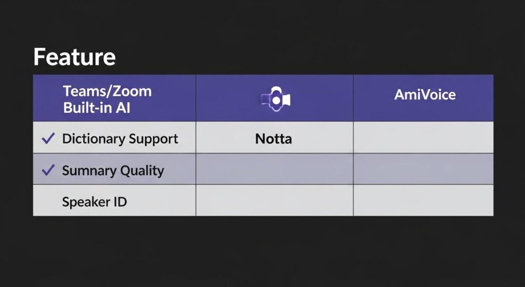 2026年主要AI議事録ツールの機能比較一覧図