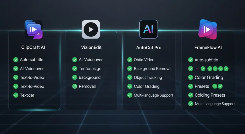 AI動画編集ツールの機能比較を細かく示す図