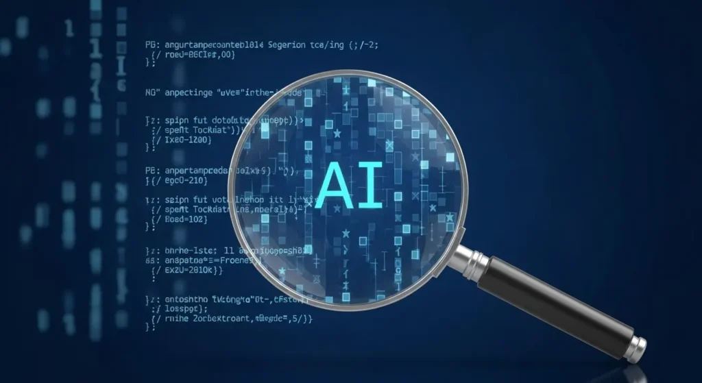 AIの意思決定プロセスを拡大鏡で見ているイメージ