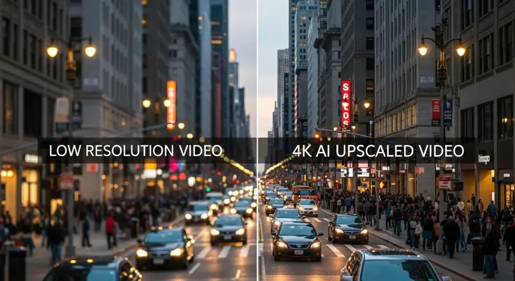 低解像度の動画がAIアップスケーラーによって高画質化される様子。