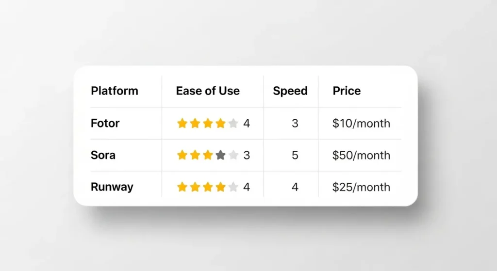 Fotorと他社AI動画ツールの性能比較表
