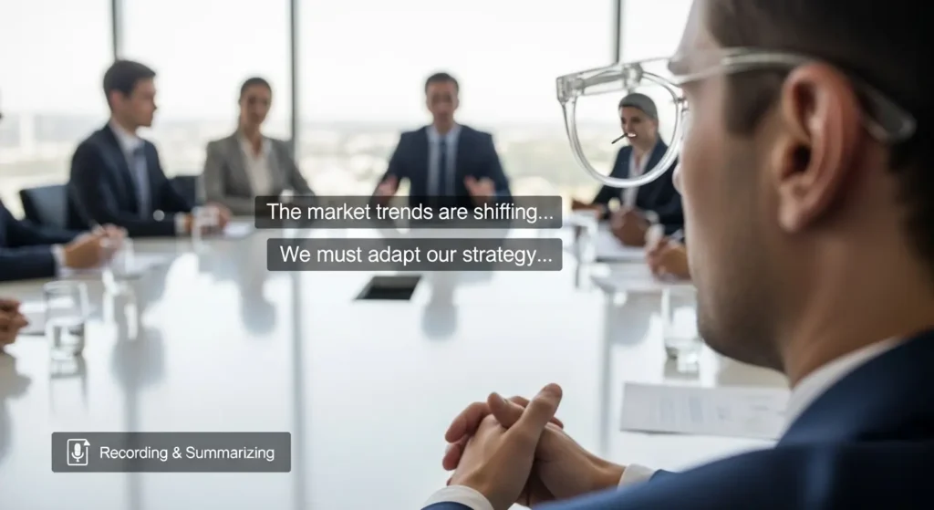 ARグラスと連携した次世代のリアルタイムAI翻訳議事録のイメージ