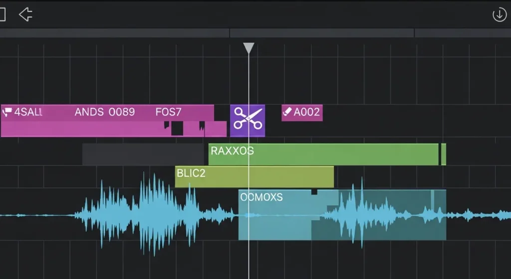 動画編集ソフトのタイムラインでカット操作を行う画面