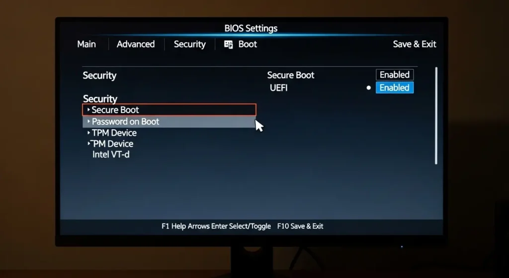BIOSでのセキュリティ設定画面