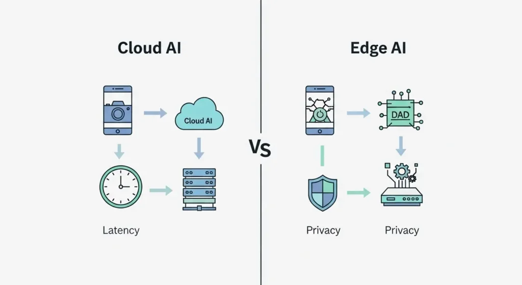 クラウドAIとエッジAIのデータ処理プロセスの違いを示す比較図