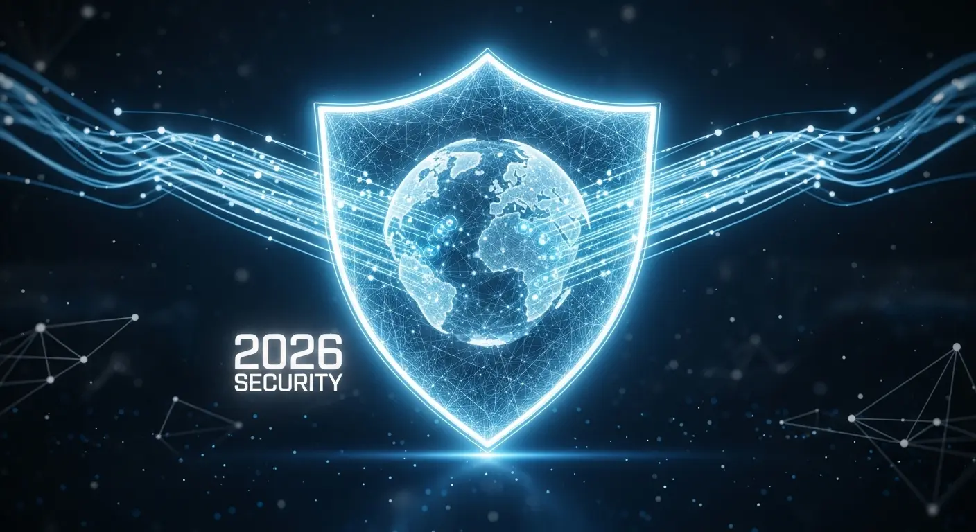 2026年のネットセキュリティ対策を象徴するデジタルシールドのイメージ