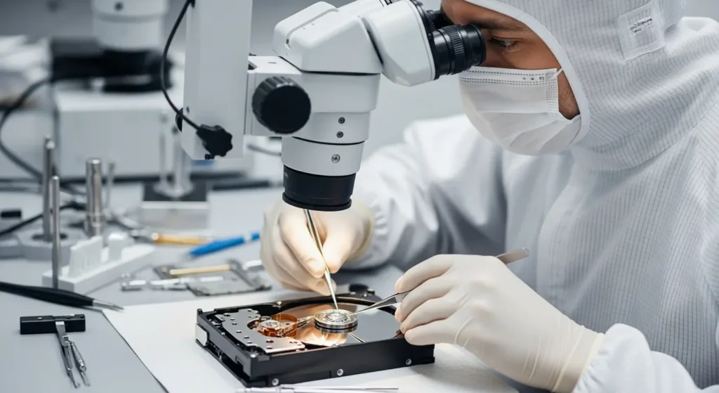 クリーンルームでのデータ復旧作業
