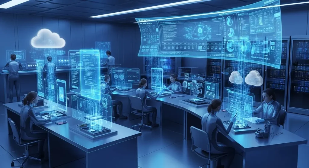 最新のデジタルフォレンジック技術を用いてサイバー犯罪の証拠を調査・分析する専門家のイメージ