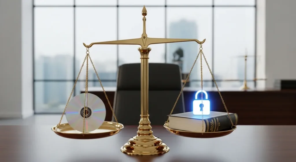 DVDコピーと著作権法を象徴する天秤のイメージ