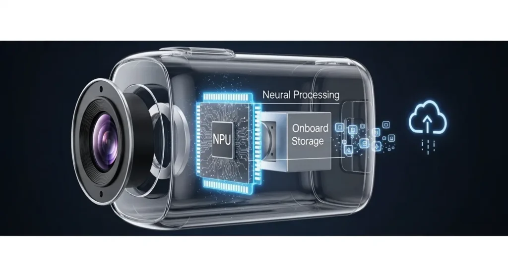 エッジAIカメラの内部構造と処理プロセスを示す3Dダイアグラム