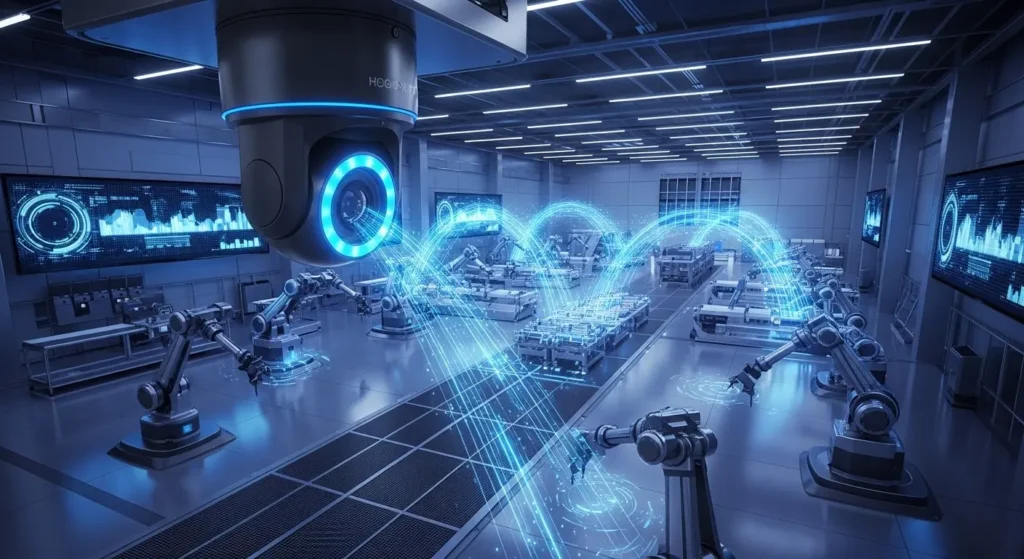 未来的なデザインのエッジAIカメラと工場内のデータ連携イメージ