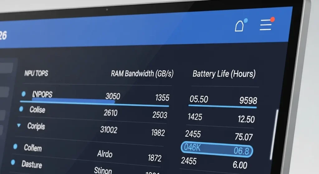 最新エッジAI PCのスペック比較表を表示したモニター