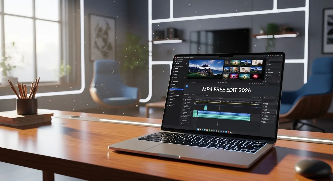 2026年の最新PCで無料のMP4動画編集ソフトを使い、AI機能を活用して編集作業を行う初心者の様子