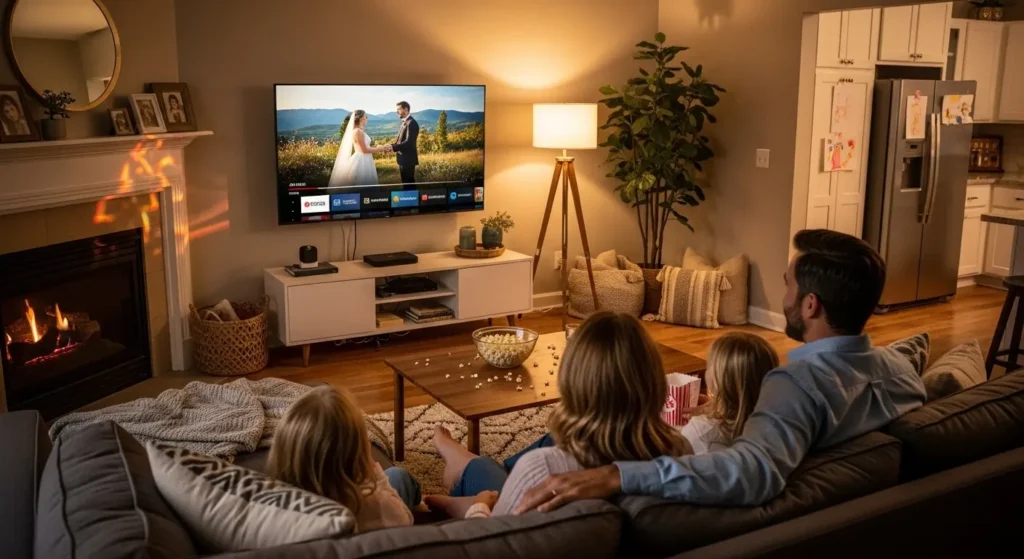リビングでデジタル化した家族の動画を鑑賞する家族