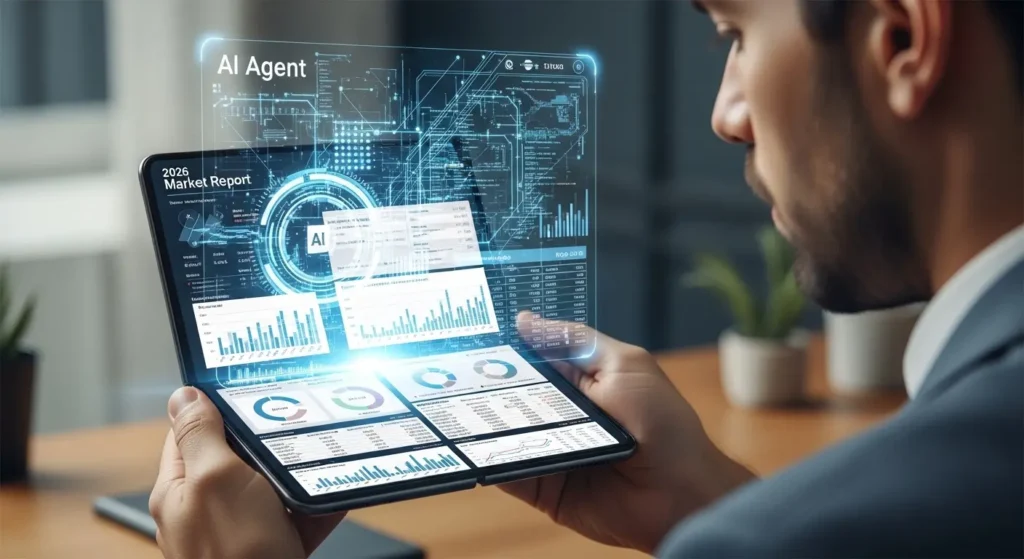折りたたみスマホでAIが市場分析を行う様子