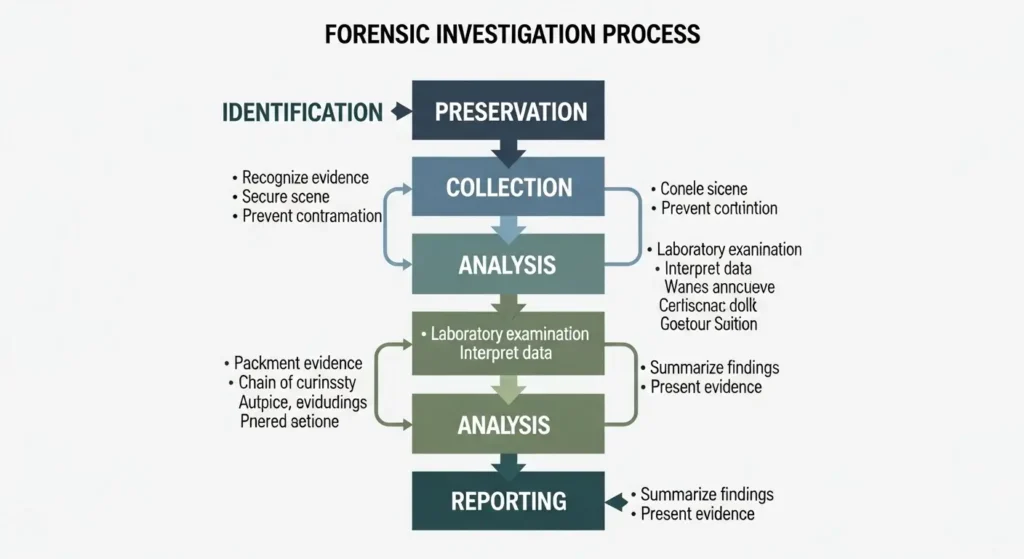 デジタルフォレンジック調査の標準的な5つのステップ(特定、保全、収集、分析、報告)のフローチャート