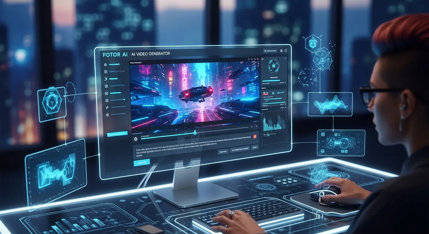 Fotor AI Video Generatorを使用して高品質なAI動画を作成しているクリエイターの様子。