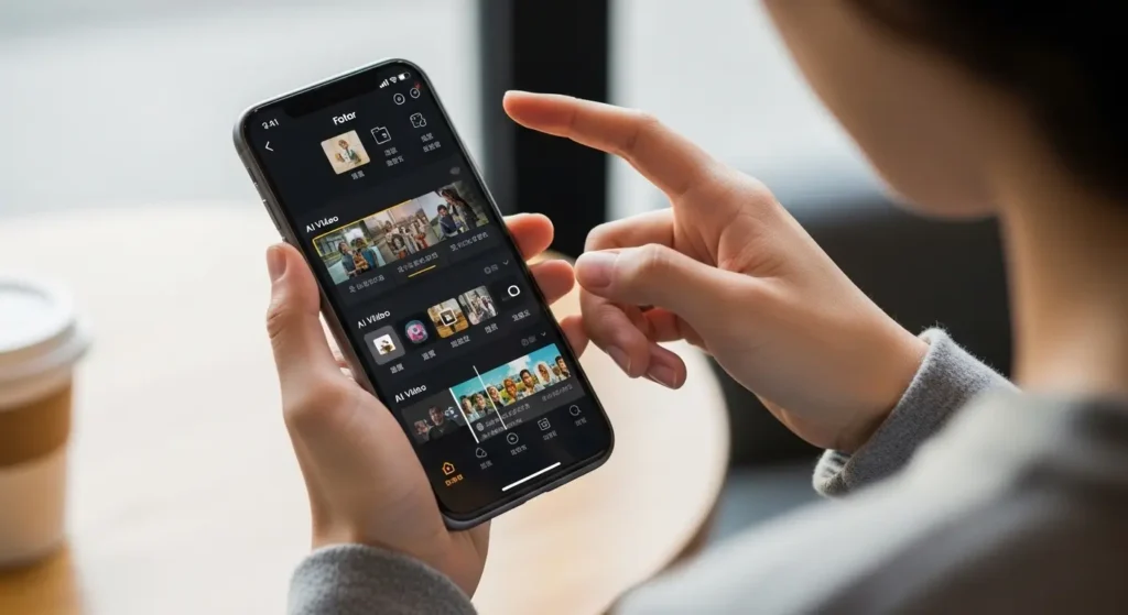 スマートフォンでFotorのAI動画生成機能を使っているクリエイター。