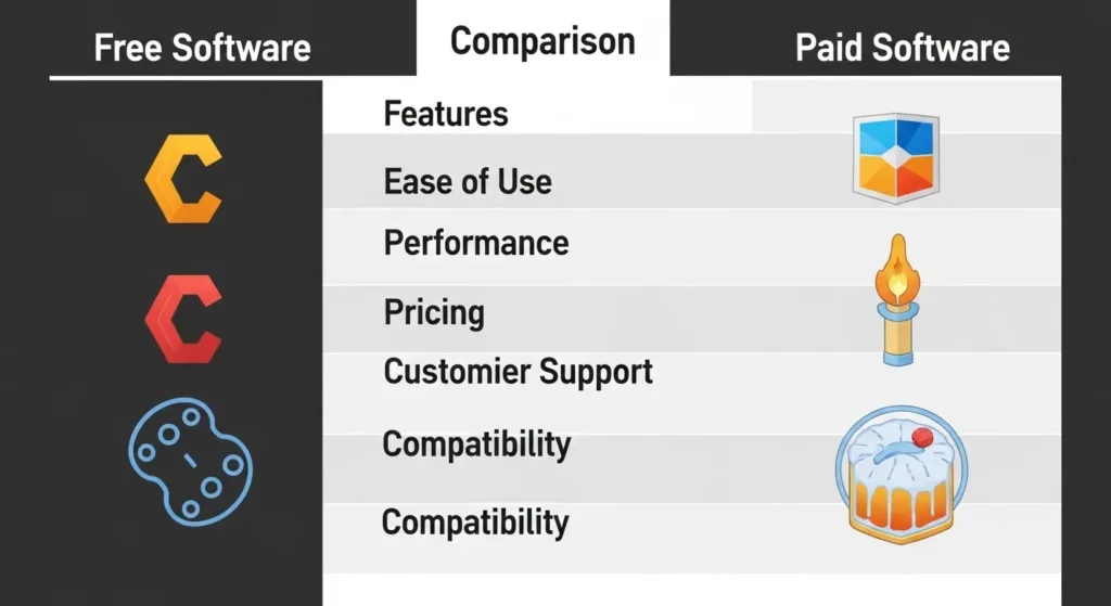 無料ソフトと有料ソフトの機能比較表を表示する画面
