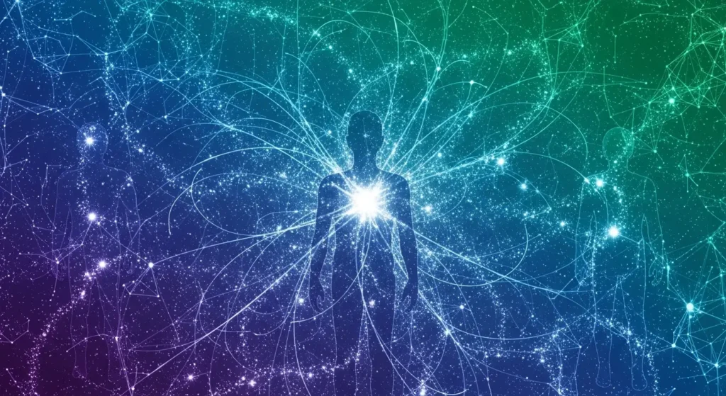 光の粒子が繋がるデジタル社会のイメージ