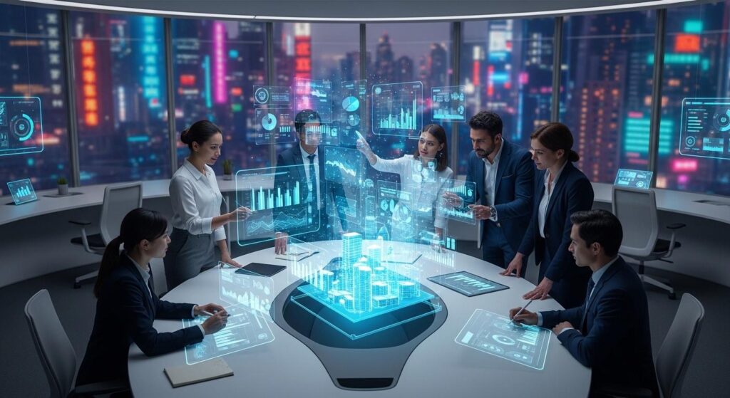 ホログラムのデータプロジェクションを囲み、戦略的な議論とクリエイティブな課題解決を行う専門家たちの近未来的なオフィス風景