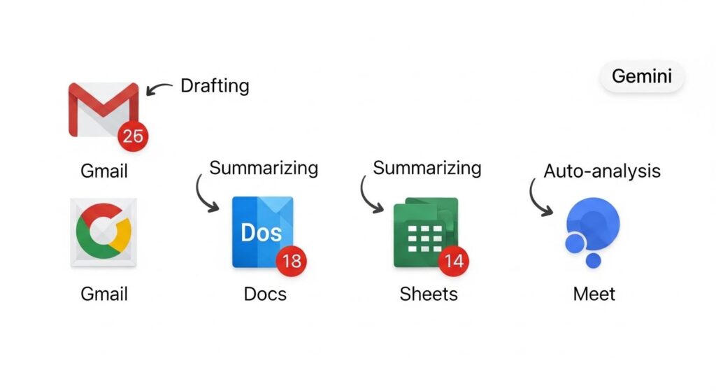 Gmail、ドキュメント、スプレッドシートの各Gemini機能を示すダッシュボード
