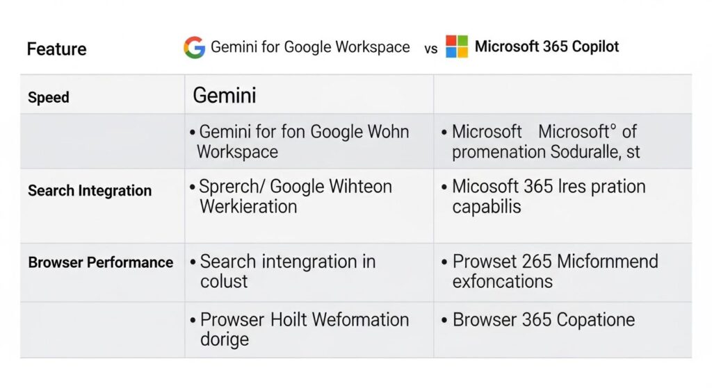 Google GeminiとMicrosoft 365 Copilotの速度、検索統合、ブラウザパフォーマンスを比較したインフォグラフィック