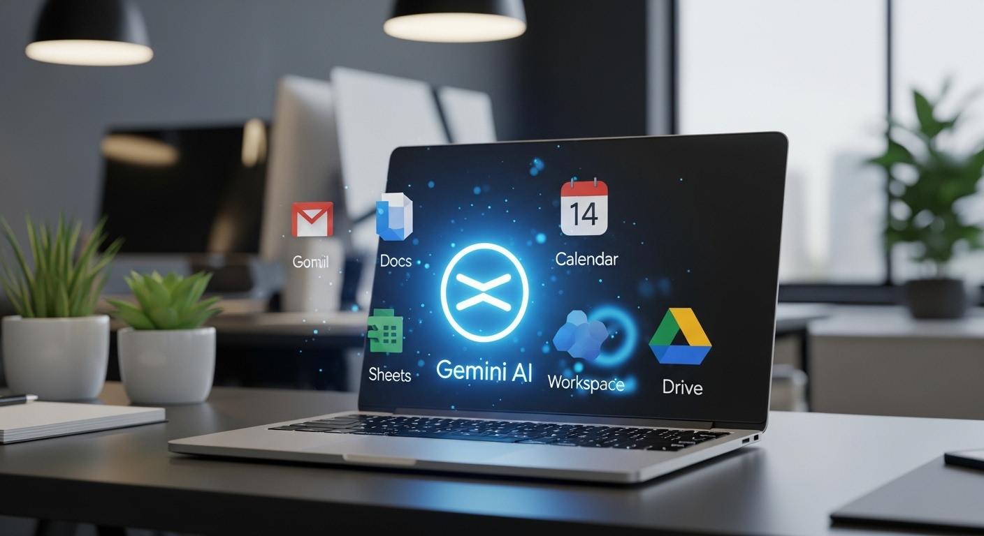 Google WorkspaceのアプリとGemini AIがデータストリームで繋がるイメージ図