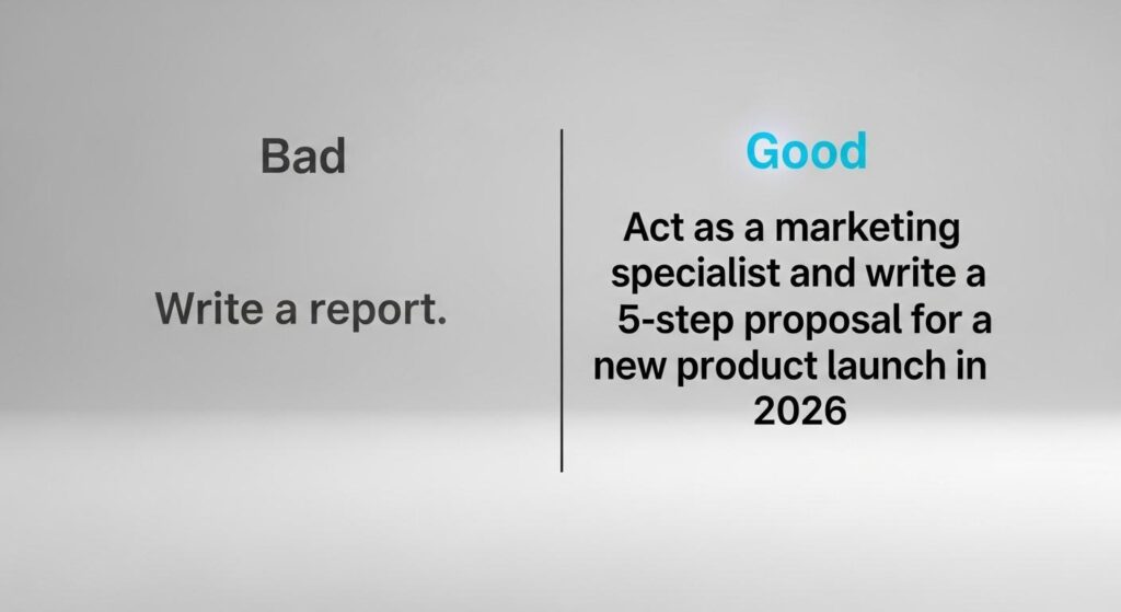 曖昧な指示「レポートを書いて」と、具体的で詳細な指示(プロンプト)の回答精度の違いを示す対比図
