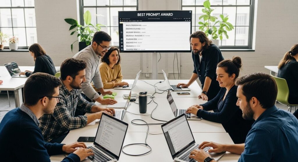 社内研修でノートパソコンを使いGeminiのプロンプト作成を学ぶ従業員と表彰掲示板の様子