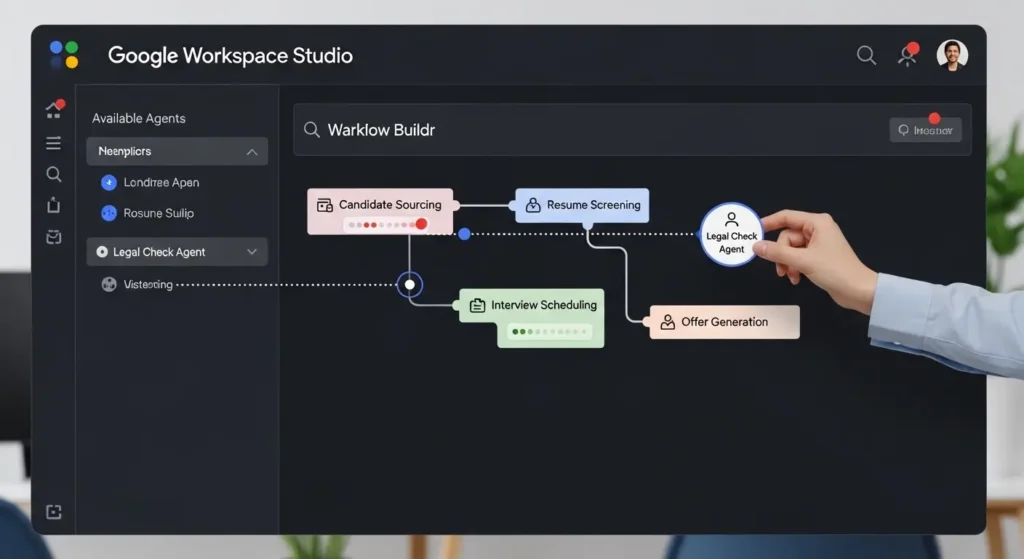 Google Workspace Studioの操作画面で、採用フローに法務チェック用AIエージェントを組み込む様子
